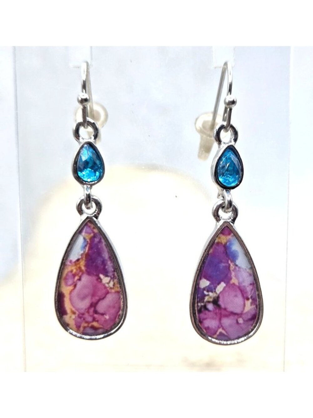 Purple & Blue Teardrop Dangle Earrings With Silver-Tone Setting